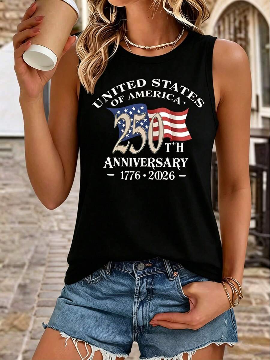 White/Black Tank Top Women, USA Flag Print, Sleeveless Tops For Going Out, Cute Tops, Casual Summer Outfits - 黑色3 - 查看 1