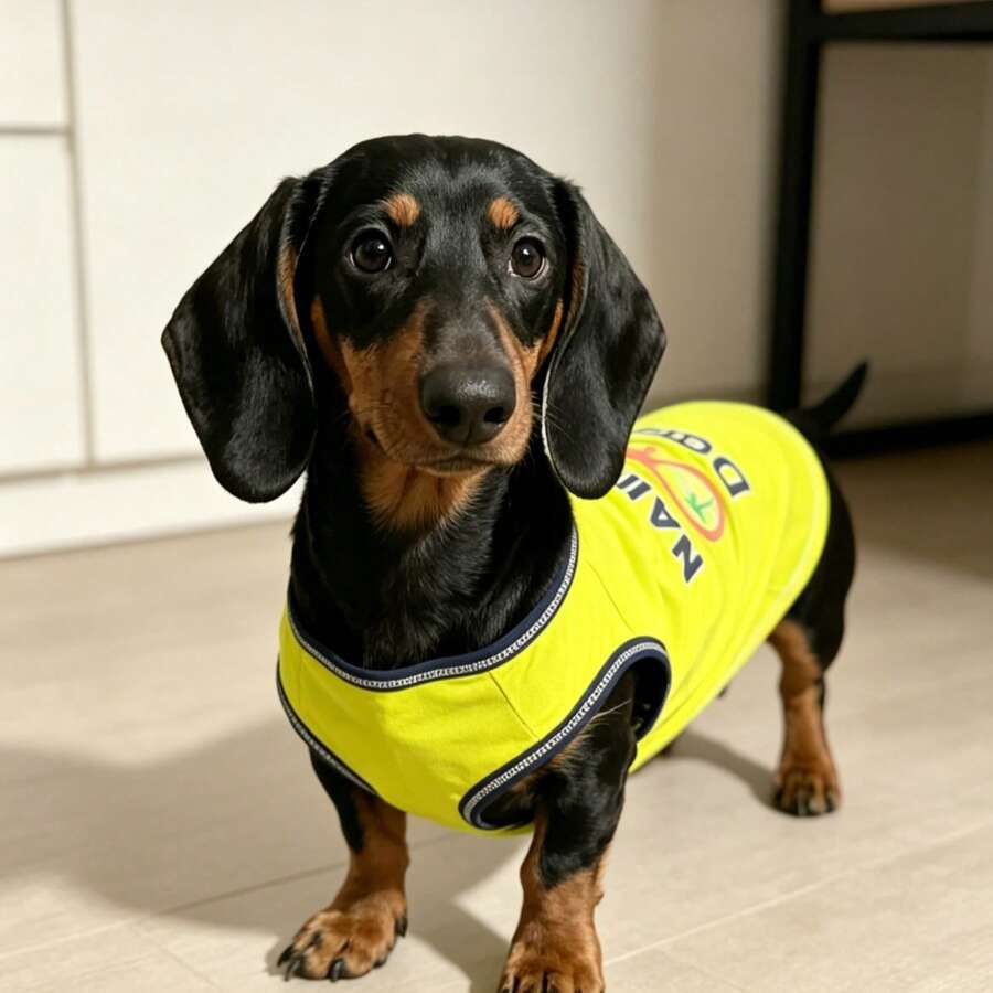 腊肠犬宠物背心“淘气狗”时尚眼镜印花小型犬透气无袖上衣，时尚眼镜印花户外透气服装，腊肠犬背心