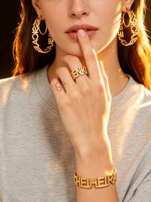 Customized Initial Letter Earrings + Ring + Bracelet Set, Open Circle Design, 18K Gold Plated Stainless Steel Personalized Jewelry Set With Gift Box, Suitable For Holidays, Mother's Day Or Daily Wear - Gold - View 2