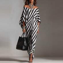 Women's Black And White Diagonal Striped Off-The-Shoulder Maxi Dress, Batwing Sleeve Asymmetrical Hem Wrap Dress, Elegant High Slit Evening Gown, Loose Fit Satin Cocktail Dress - 黑色 - 查看 7