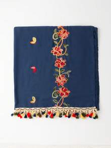 1pc Linen Bohemian Embroidered Tassel Scarf/Headscarf, Suitable For Daily Use, Holiday, Travel Essential - Navy Blue - View 3