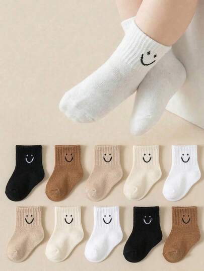 5pairs/set Baby Cartoon Pattern & Solid Color Socks