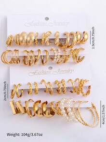 12/48pcs Elegant & Exquisite Gold Tone Earring Set, Unique Geometric Twisted Pearl Design, Versatile Fashion Accessory, Sweet Gift For Female Friends - Gold - View 6