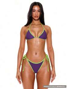 Top de Bikini Triangular con Cuello Halter y Ribete en Contraste de  Resort, Top, Verano, Primavera, Vacaciones,, Ropa de Playa Ibiza, Color Sólido - Morado - Ver 11
