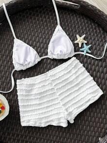 Nuevo conjunto de 2 piezas de traje de baño de verano para mujer con pantalón de pierna recta, top halter con estampado de tela texturizada multicolor con decoración de estrellas de mar, para vacaciones en la playa - Blanco - Ver 6