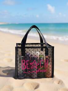 Bộ 2 túi xách tay lưới trong suốt màu đen hình trái tim, có chữ màu đỏ hồng "Beach Please", túi lưới, túi đựng mỹ phẩm trong suốt. - Nhiều màu - Xem 3