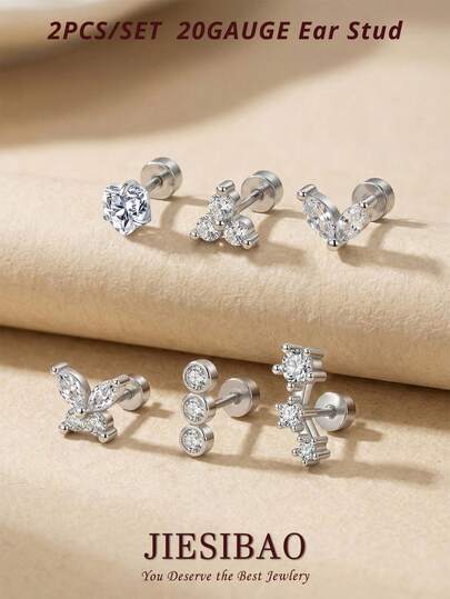 JIESIBAO 20G Flat Back Earrings For Women 1pair Silver Stud Earrings Butterfly Cubic Zirconia Studs 316L Surgical Steel Cartilage Earrings For Sensitive Ears For Daily Holiday Beach Vacation Gift Glamorous Music Festival Seaside Halloween Christmas Mother's Day Valentine's Day Coachella Summer Vacation