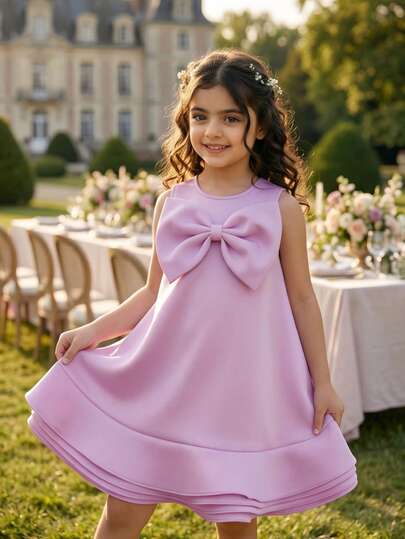 Young Girl Bow Decor Sleeveless Easter Party Elegant Princess A-Line Dress, Suitable For Girls Birthday Gift, Party, Wedding, School Dance, Holiday Celebration
