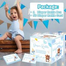 ZDiaper Raffle Box For Baby Shower Game Decorations With 50Pcs Diaper Raffle Tickets Blue Bear Themed Advice And Wishes Diaper Raffle Sign Insert Cards For Gender Reveal Party Plies1 - 如圖 - 查看 2