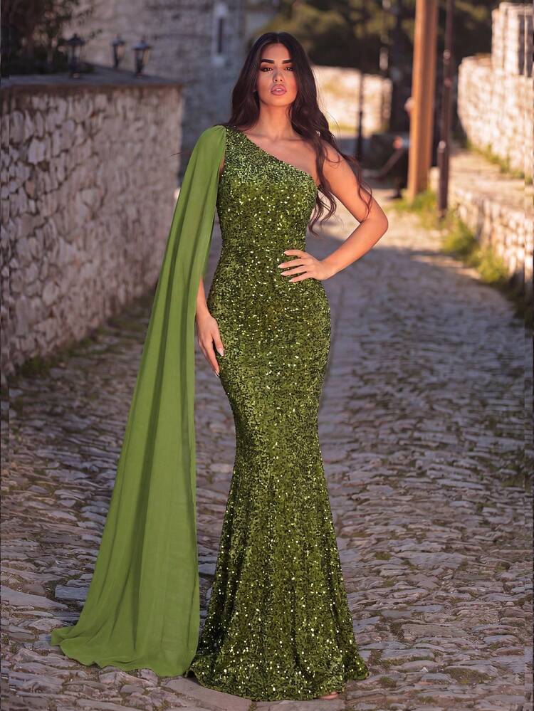 Faeriesty Đầm dạ hội lệch vai dáng đuôi cá lấp lánh đính sequin sang trọng dành cho nữ - Lý tưởng cho các đám cưới xa hoa, dạ tiệc, lễ trao giải, sự kiện thắt cà vạt đen và các dịp thảm đỏ. - Màu xanh Ô liu - Xem 1