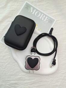 6pcs Heart-Shaped Charger Protector Set, Suitable For IPhone 18W/20W Charger, Includes Protector Case + Data Cable Protector Cord + Storage Bag, Anti-Breakage Girly Charger Head Protector - Black - View 1