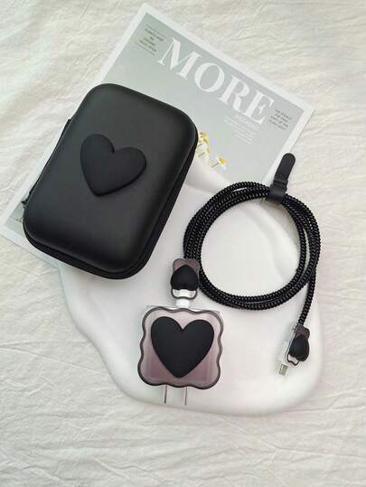 6pcs Heart-Shaped Charger Protector Set, Suitable For IPhone 18W/20W Charger, Includes Protector Case + Data Cable Protector Cord + Storage Bag, Anti-Breakage Girly Charger Head Protector