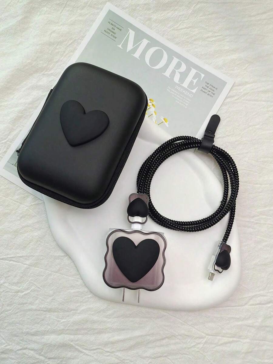 6pcs Heart-Shaped Charger Protector Set, Suitable For IPhone 18W/20W Charger, Includes Protector Case + Data Cable Protector Cord + Storage Bag, Anti-Breakage Girly Charger Head Protector - Black - View 1