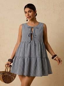 Vestido corto sin mangas de algodón negro con lazo frontal versátil y casual de talla grande - Multicolor 5 - Ver 1