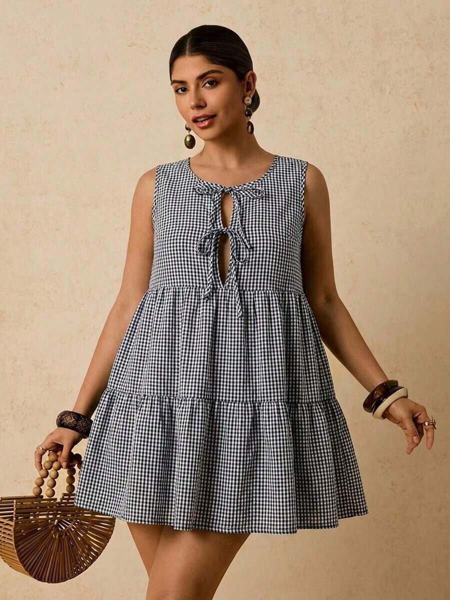 Vestido corto sin mangas de algodón negro con lazo frontal versátil y casual de talla grande - Multicolor 5 - Ver 1