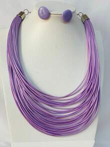 Maxi Waxed Multi-Strand Necklace Set With Button Earrings - 紫丁香 - 查看 2