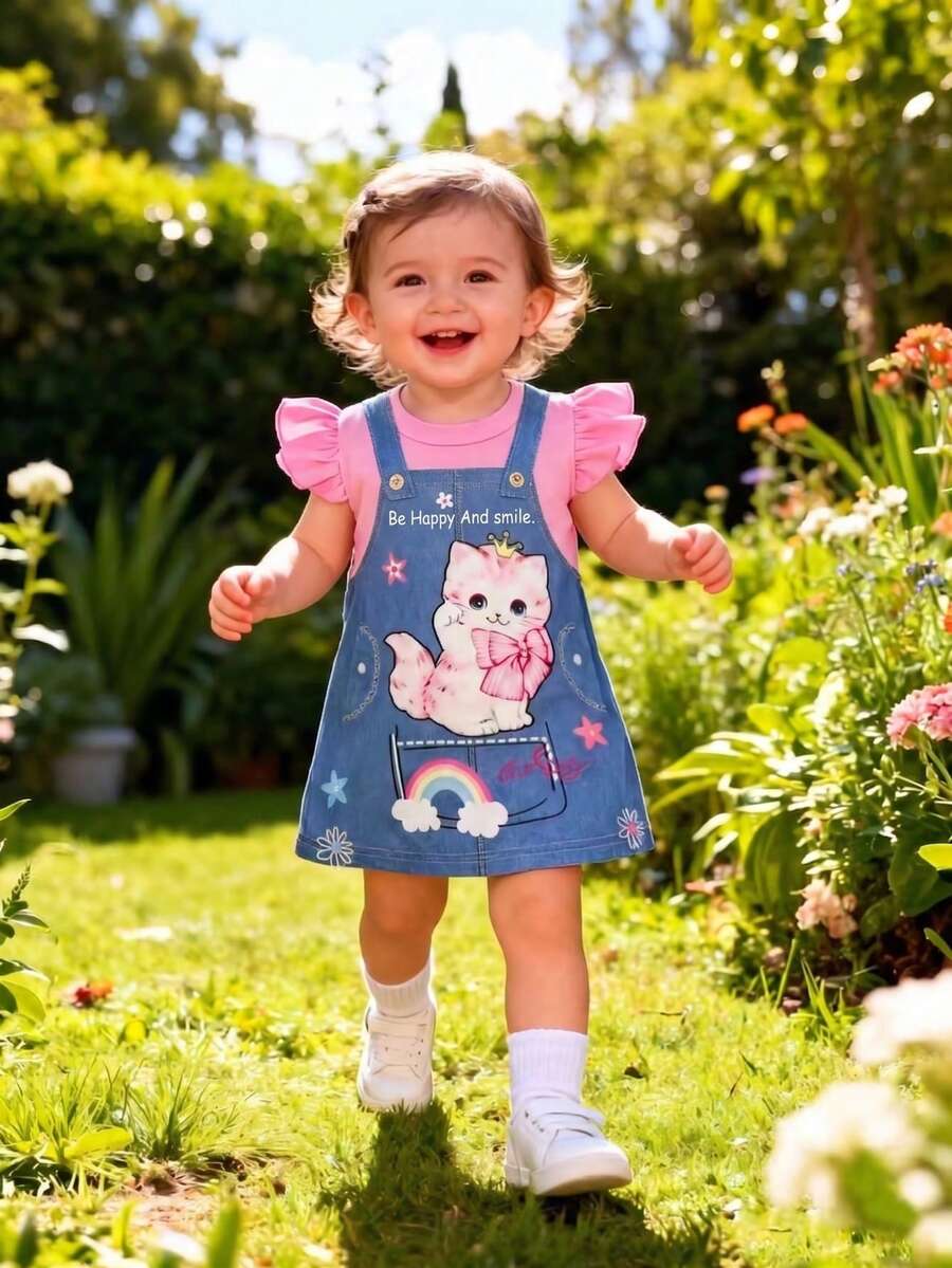 1pc Cute Bee & Floral Print Round Neck 2 In 1 Suspender Dress, Summer