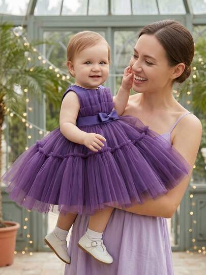 Baby Girl Purple Tulle Dress, Suitable For Birthday Party, Wedding, Birthday, Party, Outing, Vacation, Ball, Important Holiday Celebrations