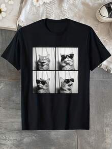 -Funny Shirt For Cat Lovers With Smiling Cat Selfie Photo, -Short Sleeve Shirt, Cool And Fun Shirt Idea, -Graphic Shirt, On One Side Only, Gift For Men, Women, Dad, Mom, Best Friend. - Black - View 1