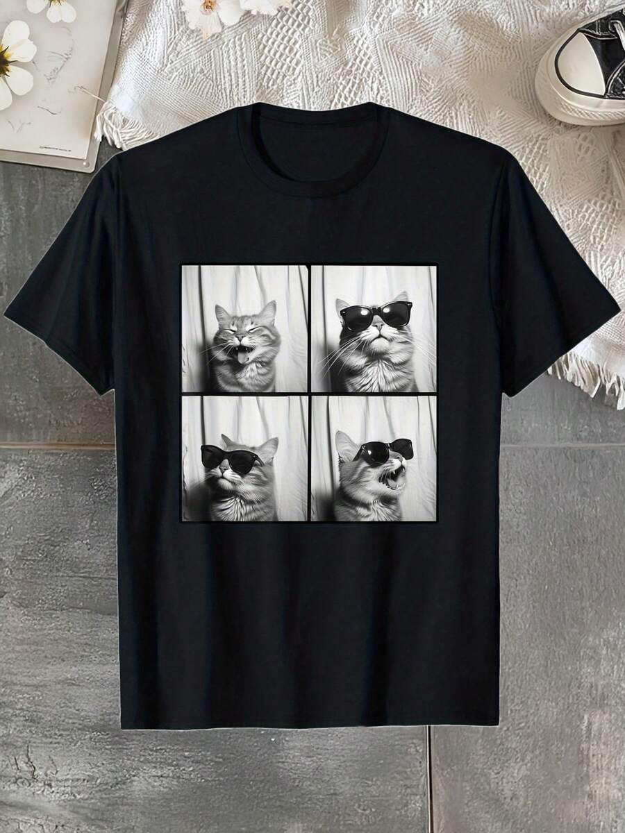 -Funny Shirt For Cat Lovers With Smiling Cat Selfie Photo, -Short Sleeve Shirt, Cool And Fun Shirt Idea, -Graphic Shirt, On One Side Only, Gift For Men, Women, Dad, Mom, Best Friend. - Black - View 1