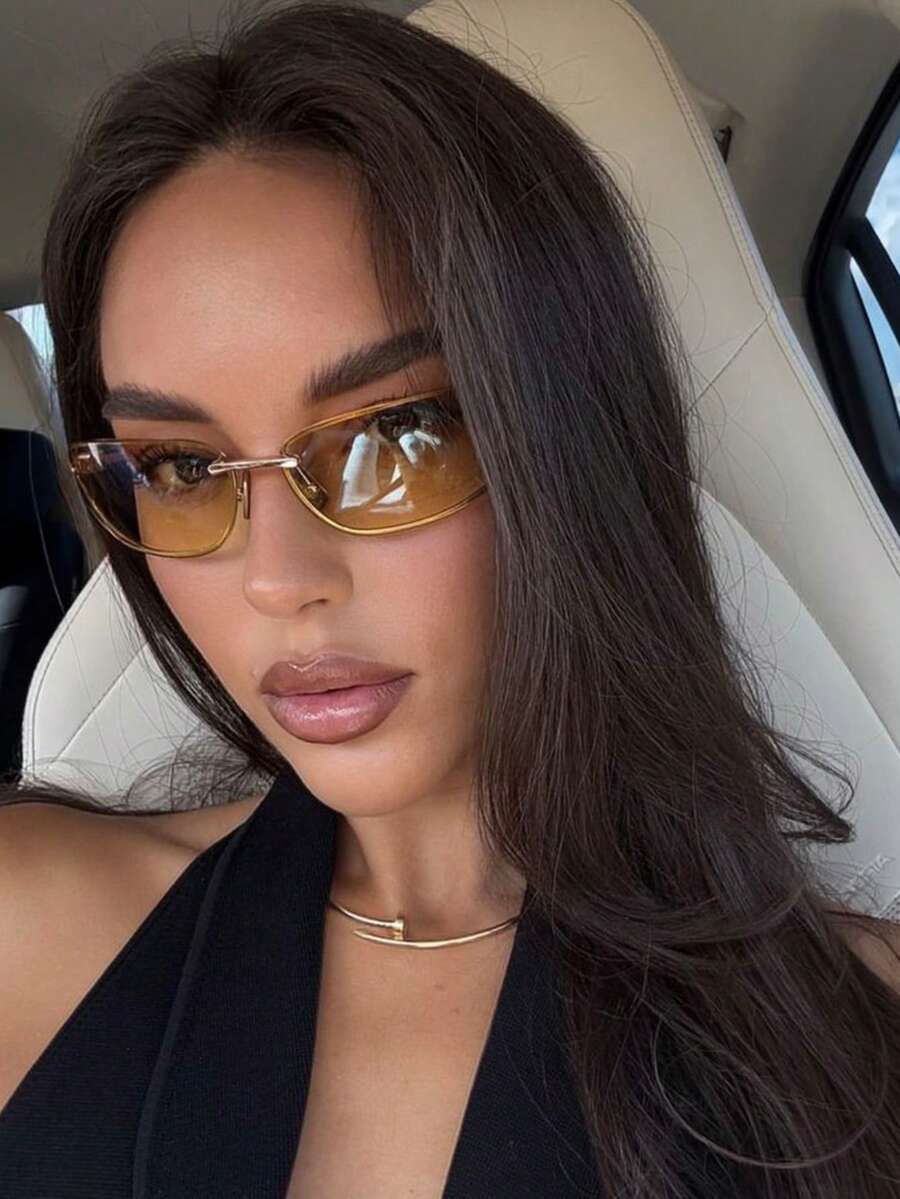1pc Future Tech Style Rectangular Retro Multifunctional Fashion Frameless Letter Decor Personalized Women Fashion Glasses - Double Brown - View 1
