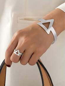 Women's Geometric Triangle Minimalist Bracelet And Ring Set, Gold/Silver Plated, Elegant, Adjustable - 銀色 - 查看 2