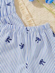 2pcs/Set Girls Casual Bowknot Striped Pattern Soft Comfortable Woven Camisole Top And Shorts Set, Suitable For Outdoor Wear, Spring/Summer - Multicolor - View 9