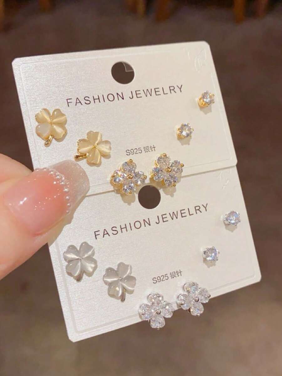 1 Set 3pcs Cat Eye & Clover Design Unique Earrings, Minimalist Elegant Jewelry Gift For Women, Suitable For Photo Shooting & Birthday - Cat-eye Four-leaf Clover Earrings - View 1