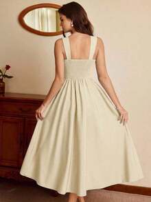 Vestido midi blanco de mujer, estilo vintage, tirantes finos y escote corazón, con pliegues en el busto y falda acampanada, elegante y versátil para fiestas, Navidad, Año Nuevo, eventos y el día a día - Albaricoque - Ver 7