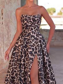 Women's Leopard Print Off-Shoulder Dress, High Slit, Suitable For Formal Banquets, Luxury Balls, VIP Parties - Brown - View 4