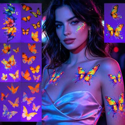 7 hojas de tatuajes de mariposas de acuarela que brillan en la oscuridad, pegatinas de arte corporal luminoso y duradero a prueba de agua para niñas y mujeres