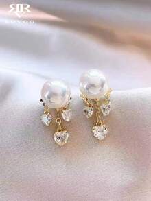 1 Đôi bông tai cao cấp sang trọng, thanh lịch, đính ngọc trai giả và đá zirconia tổng hợp hình trái tim, màu đồng, độc đáo cho các buổi hẹn hò và tiệc tùng. - Vàng - Xem 1
