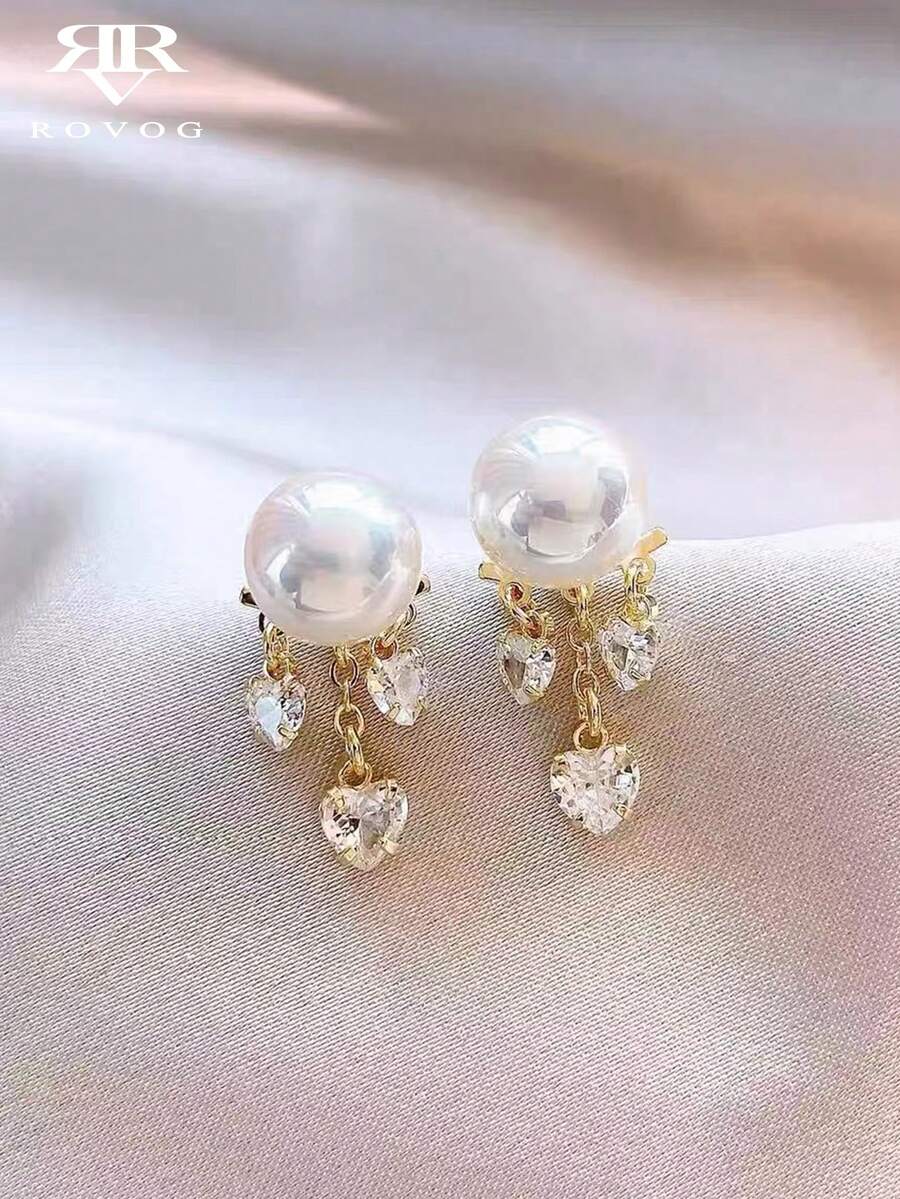 1 Đôi bông tai cao cấp sang trọng, thanh lịch, đính ngọc trai giả và đá zirconia tổng hợp hình trái tim, màu đồng, độc đáo cho các buổi hẹn hò và tiệc tùng. - Vàng - Xem 1
