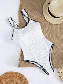 Mono de baño bohemio para mujer, textura tejida marrón con bordes de crochet, diseño de tirantes ajustable, ideal para playa, piscina y vacaciones tropicales - Blanco - Ver 3