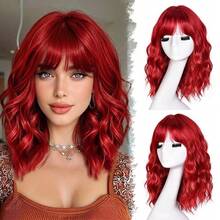 ESSVIGANT Short Bob Wavy Wig For Women Red Hair With Bangs Shoulder Length Halloween Costume Accessory 14 Inch - Red - View 1