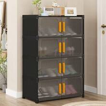 1 pieza Gabinete para zapatos de gran capacidad con doble puerta en color negro, marco de aleación galvanizada y panel transparente de PP, estante de almacenamiento de zapatos a prueba de polvo, estante apilable para zapatos adecuado para pasillo, armario y sala de estar - Negro - Ver 1