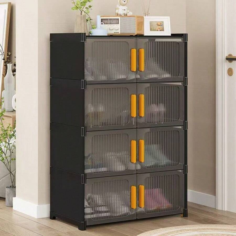 1pc Black Large Capacity Double Door Shoe Cabinet, Galvanized Alloy Frame And PP Transparent Panel, Dust-Proof Transparent Shoe Storage Rack, Stackable Shoe Rack Suitable For Hallway, Closet And Living Room - Black - View 1