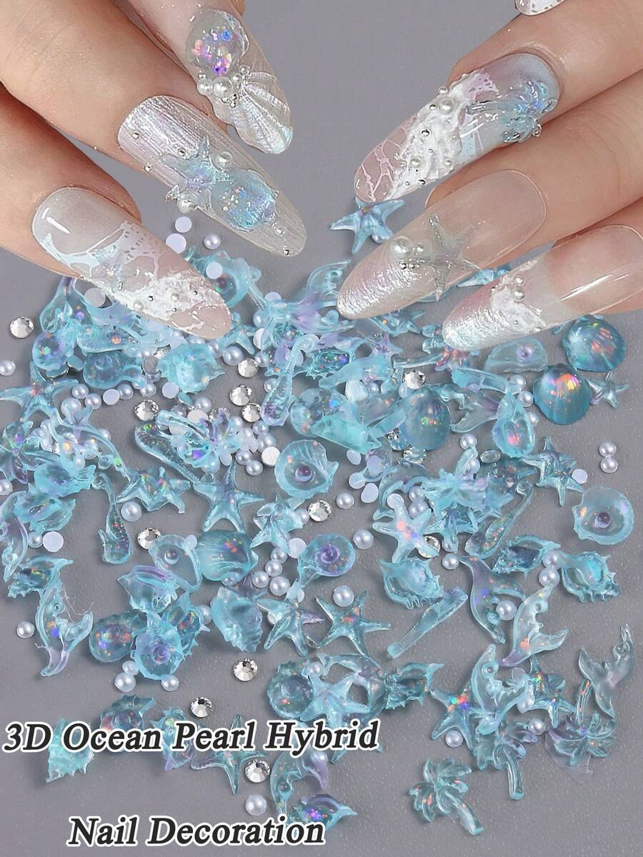 夏季海灘 3D 精細美甲裝飾-椰子樹、貝殼、海星、珍珠貝、魚尾、海螺設計,海灘派對、極光藍美甲裝飾,DIY 美甲用品,低過敏性美甲飾品 - 彩色 - 查看 1