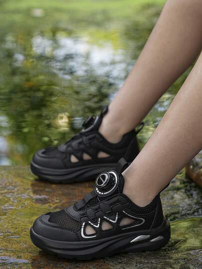 2026 New Kids Summer Breathable Mesh Sports Shoes, Rotary Buckle No Slip-On Lightweight Running Shoes, Hollow Soft Bottom Casual Shoes, Protective Toe Campus Solid Color Student Shoes For Boys And Girls, Black Sports Sandals, Chunky Sneakers