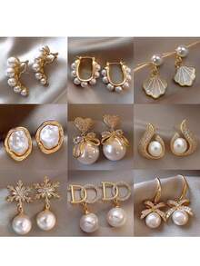 Bộ 3 đôi bông tai ngọc trai kiểu Baroque, bông tai cao cấp dành cho nữ. - Vàng - Xem 3
