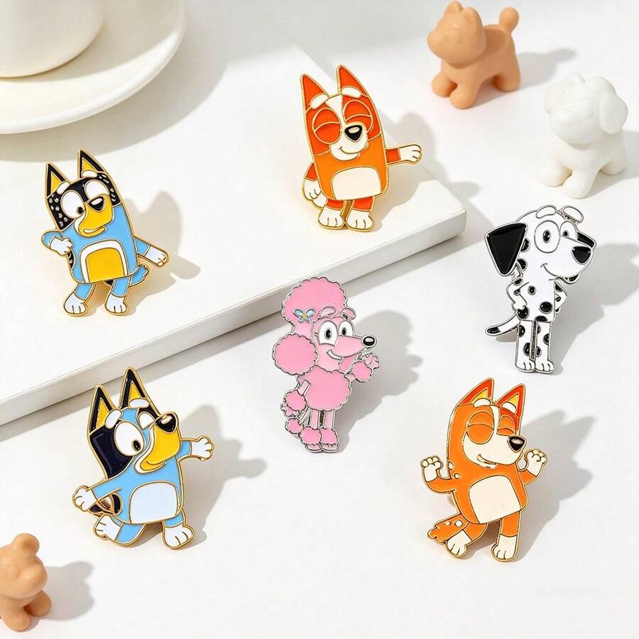 6pcs Cartoon Bluey Bingo Chilli Cute Cattle Dog Animal Enamel Brooch Set - Multicolor - View 1