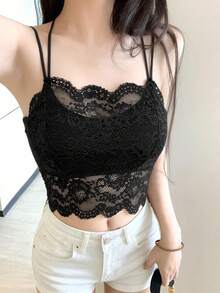 Áo hai dây ren dễ thương và gợi cảm dành cho nữ, có đệm ngực, màu trơn, thích hợp cho mùa tựu trường, mùa đông, Giáng sinh, năm mới, mặc thường ngày. - màu đen - Xem 3
