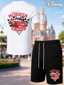 Disney Cars Lightning McQueen Checkered Flag 2-Piece Outfit, Summer T-Shirt & Summer Shorts Set, "Cars" Racing Logo Graphic, Casual Summer Matching Set For Fans - 白色 - 查看 2