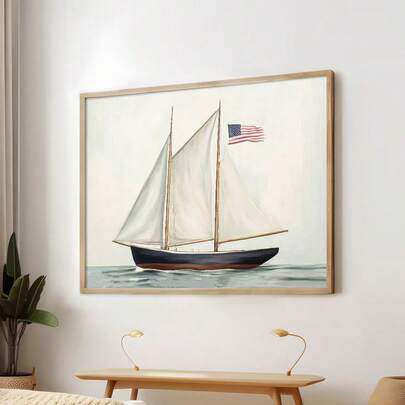 1pc Framed/Unframed America 250th Anniversary Canvas Poster Vintage Sailboat USA Flag July 4th Patriotic Rustic Wall Art Print Minimalist Retro Painting For Apartment,Living Room,Bedroom,Modern Home Decoration