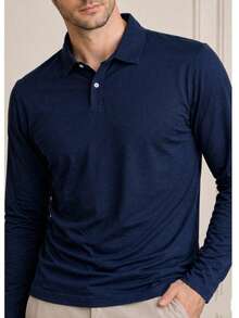 Men's Basic Plain Long-Sleeve Polo Shirt - Navy Blue - View 2