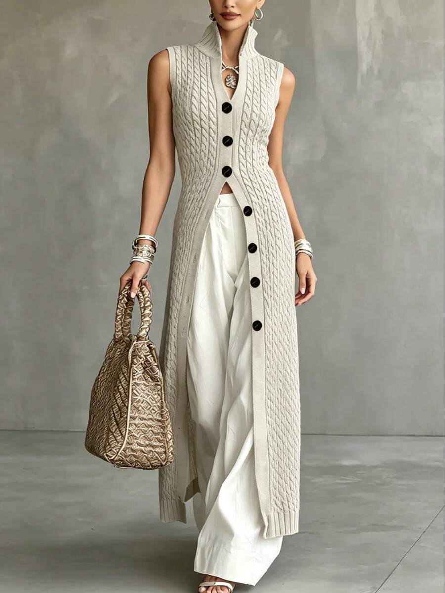 Textured Maxi Vest For Women - Sleeveless Stand Collar Single-Breasted Design, Loose Fit Flattering For Spring, Summer, Autumn Layering