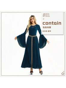 Halloween Costume Retro Courtyard Style Peasant Farmhouse Renaissance Dress Medieval Costume Outfit For Women - Blue Dress + Belt - View 1