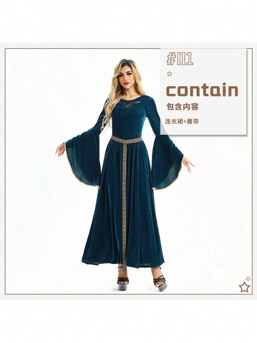 Halloween Costume Retro Courtyard Style Peasant Farmhouse Renaissance Dress Medieval Costume Outfit For Women - Blue Dress + Belt - View 1