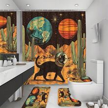1/4 件套复古 60 年代太空猫浴帘套装 - 浴室浴帘，宇航员猫与仙人掌和星空置于沙漠星球，亮丽涤纶面料，70.8x70.8 英寸，含 12 个挂钩，可机洗，易于安装，浴室配件 - A - 查看 15