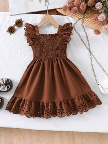 Girls' Summer Solid Color Dress, Sweet Vintage Style, Exquisite Hollow-Out Detail Design, Perfect For Daily Wear Or Photoshoots - Rust Brown - View 2
